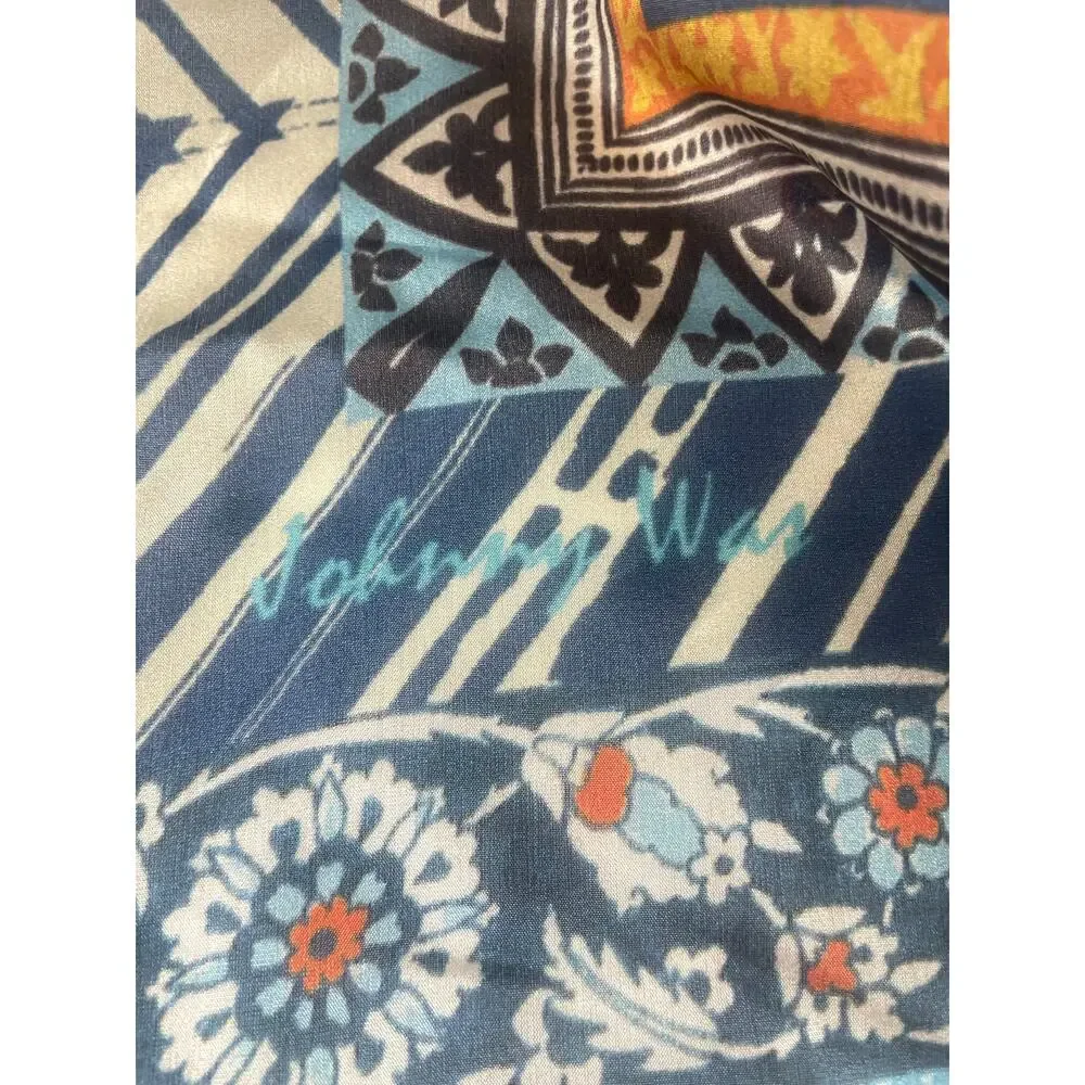 Johnny Was Silk Scarf Large Square Patchwork Boho Tassel Wrap Pink Blue
